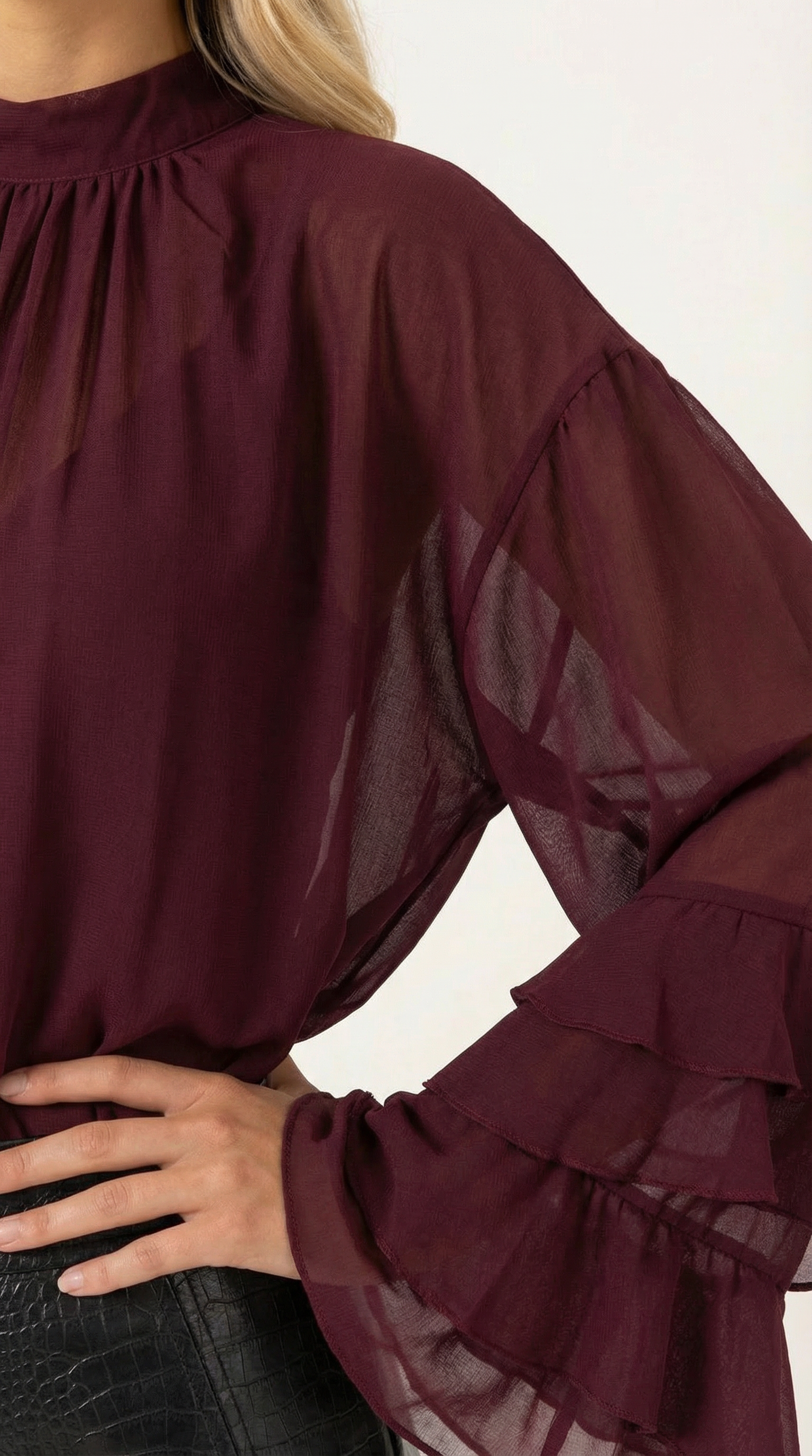 Burgundy sheer high mock neck top detail with tiered bell ruffle sleeves