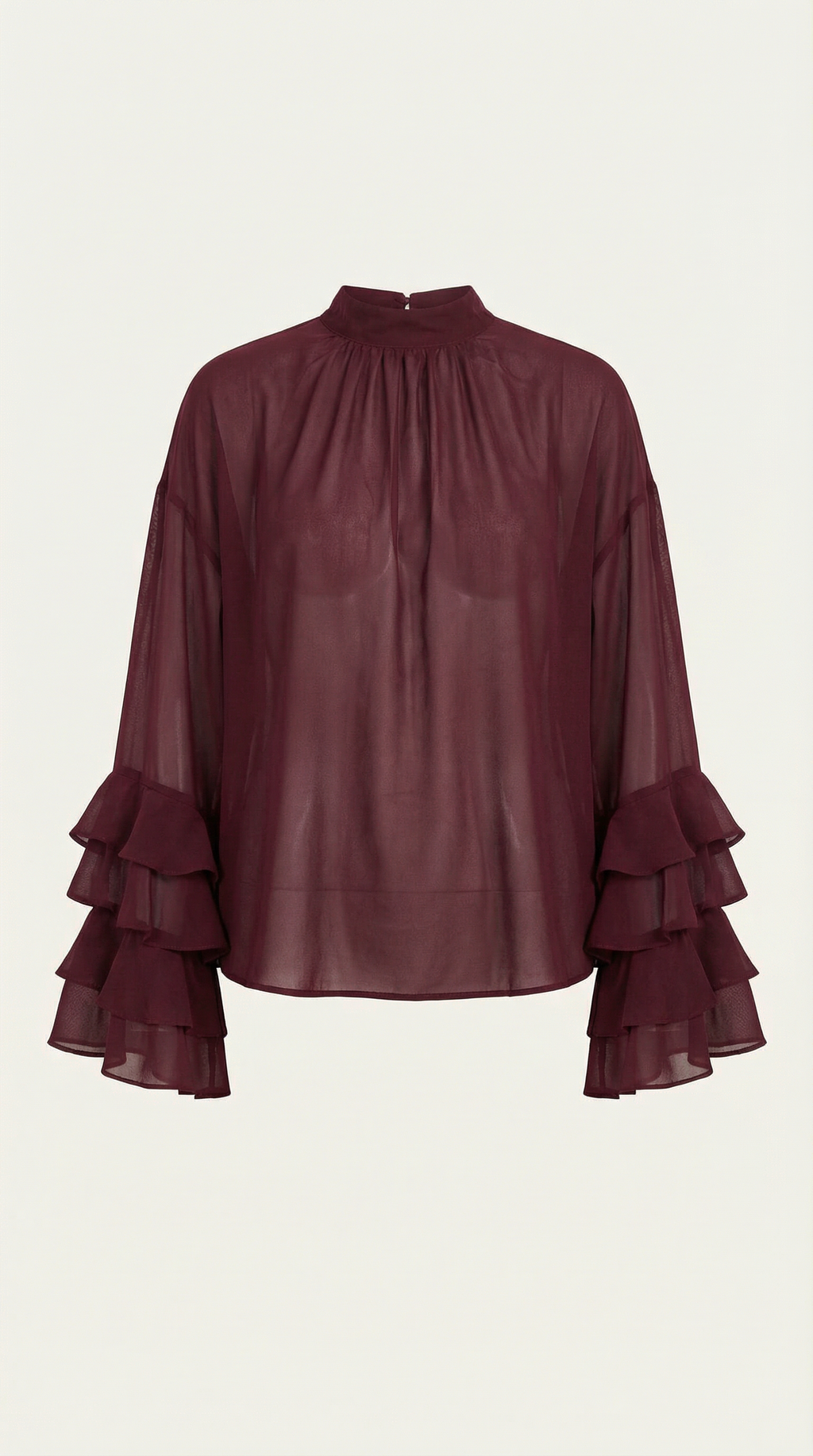 Burgundy sheer high mock neck top with layered ruffle cuffs and sleeves