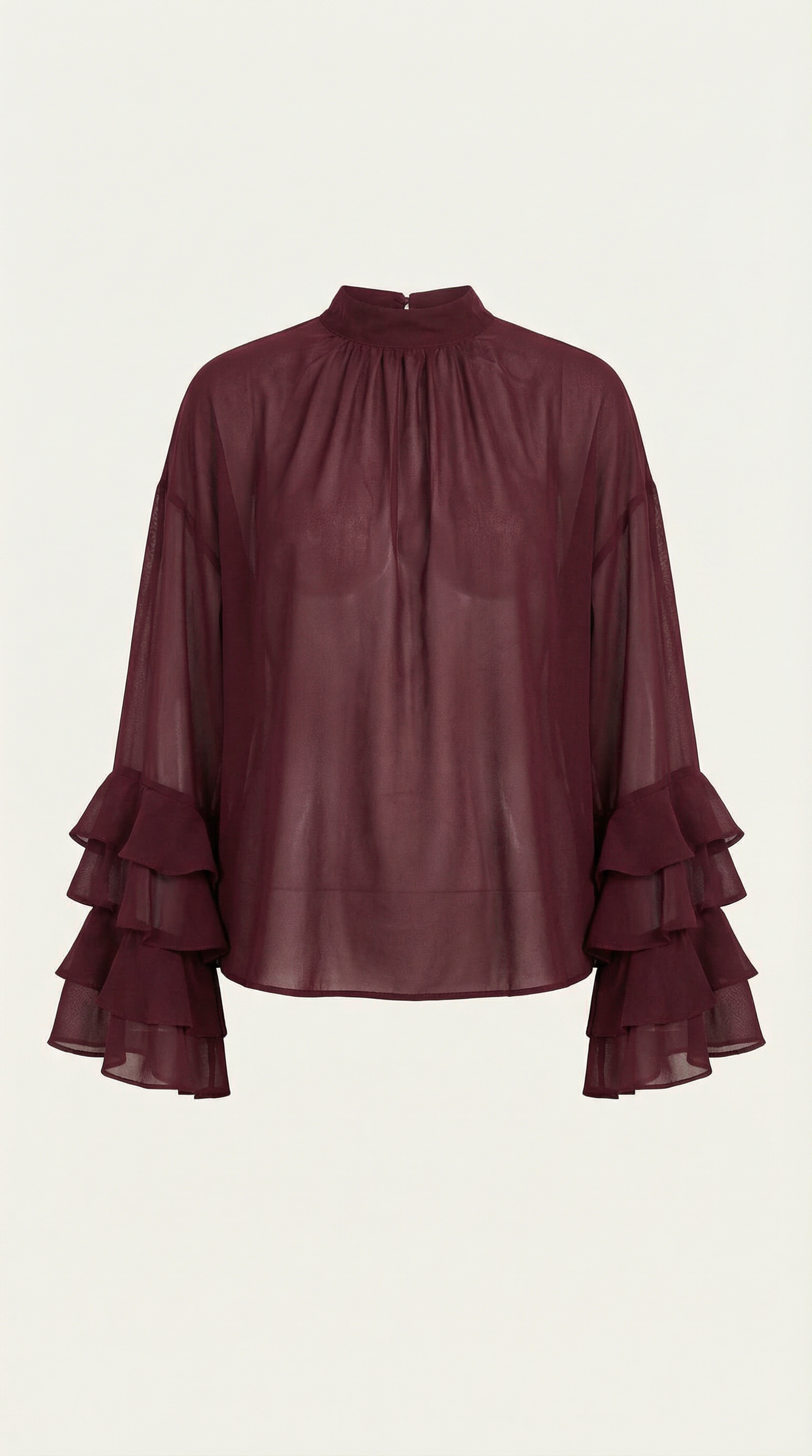 Burgundy sheer high mock neck top with layered ruffle cuffs and sleeves