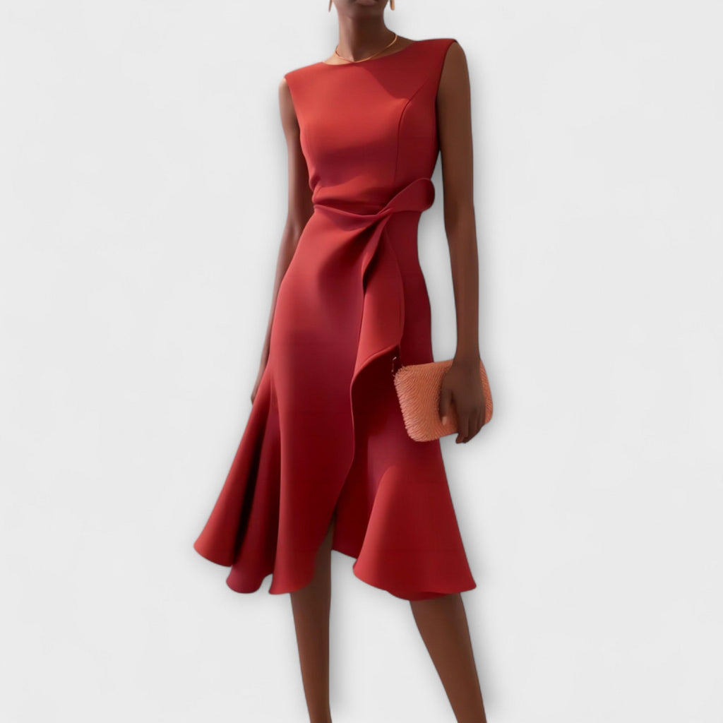 Red sleeveless midi dress with asymmetric draped side and twisted waist detail