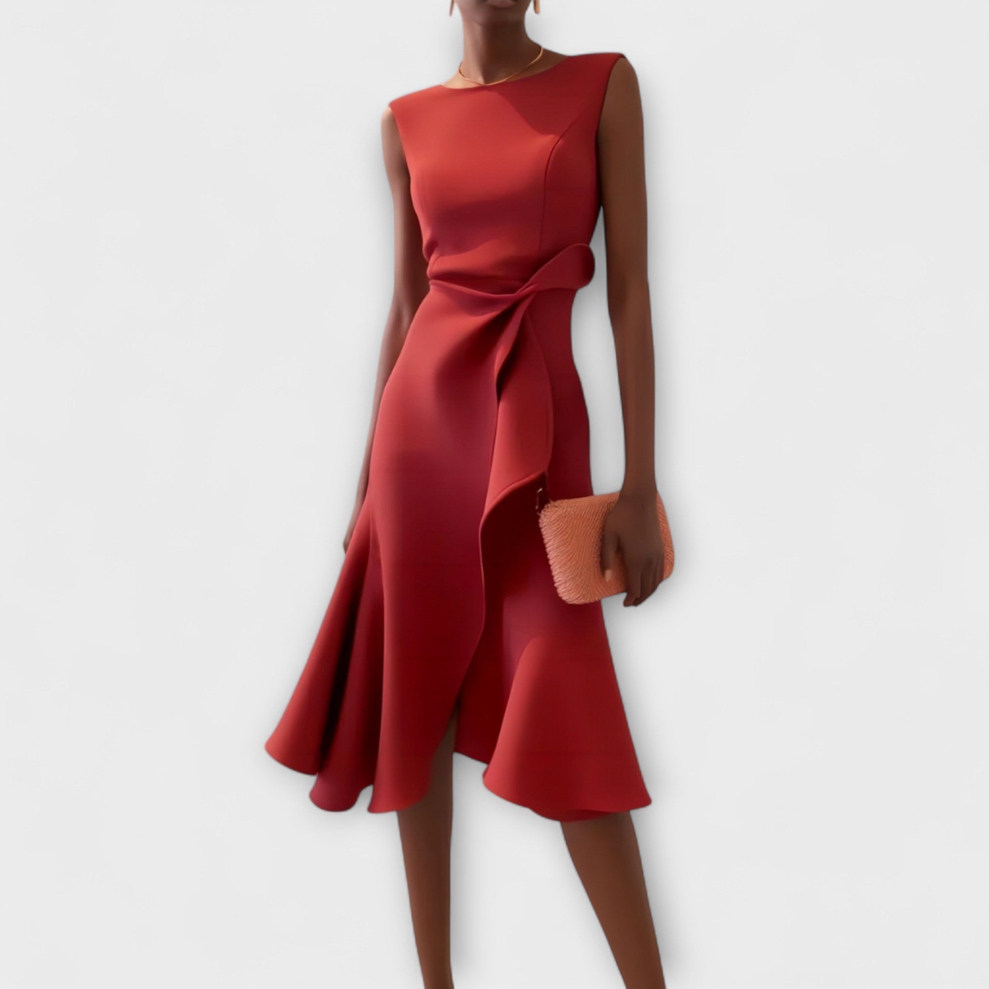 Red sleeveless midi dress with asymmetric draped side and twisted waist detail