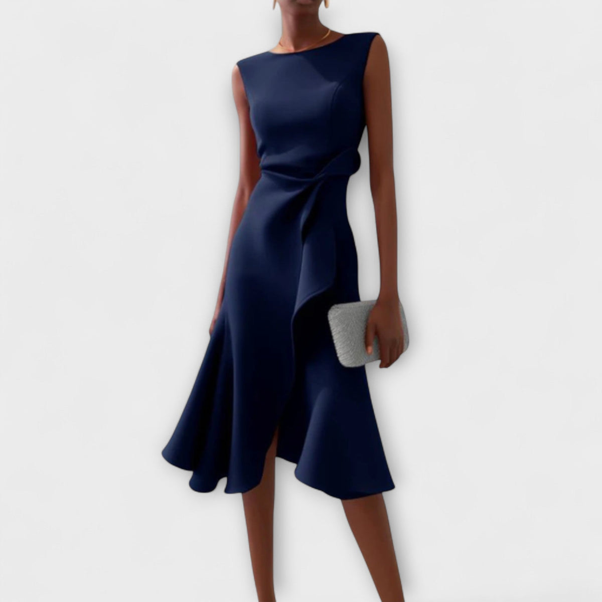Navy sleeveless midi dress with asymmetric draped side and twisted waist detail