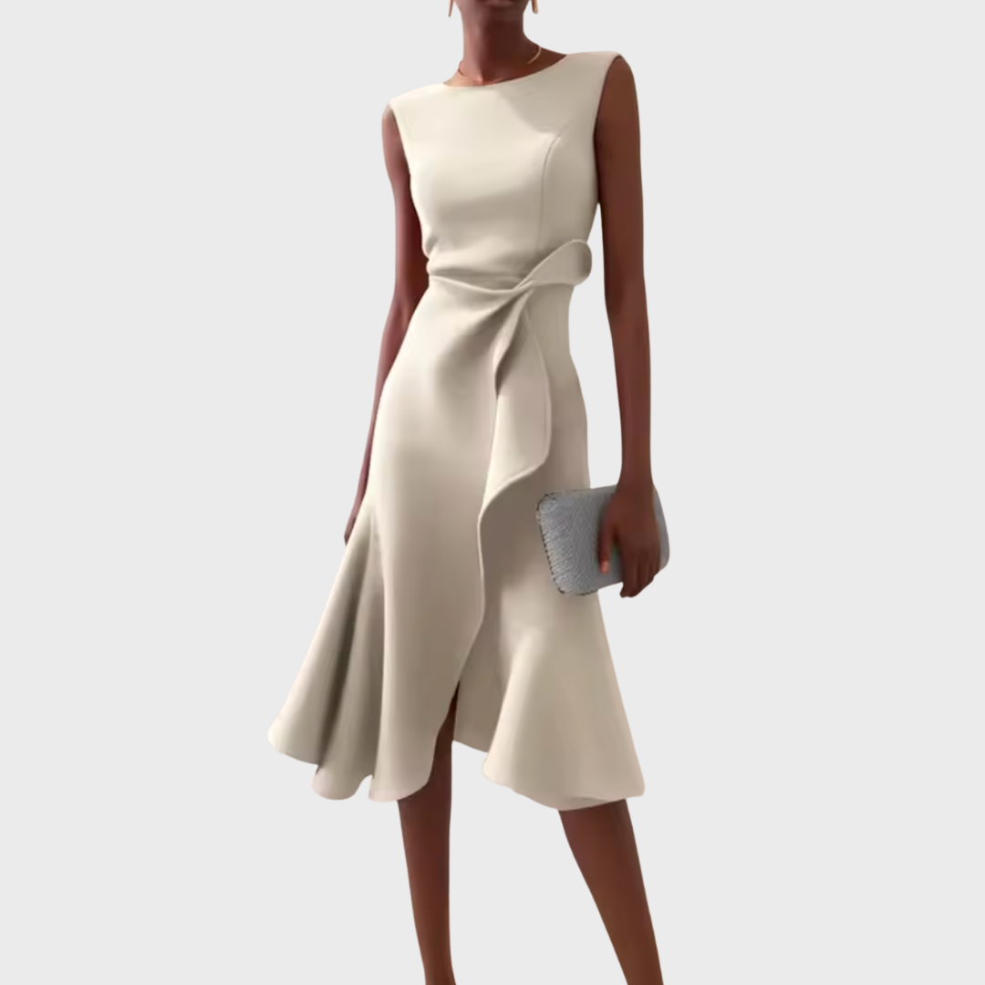 Cream sleeveless asymmetric draped midi dress with waist knot and flared hem