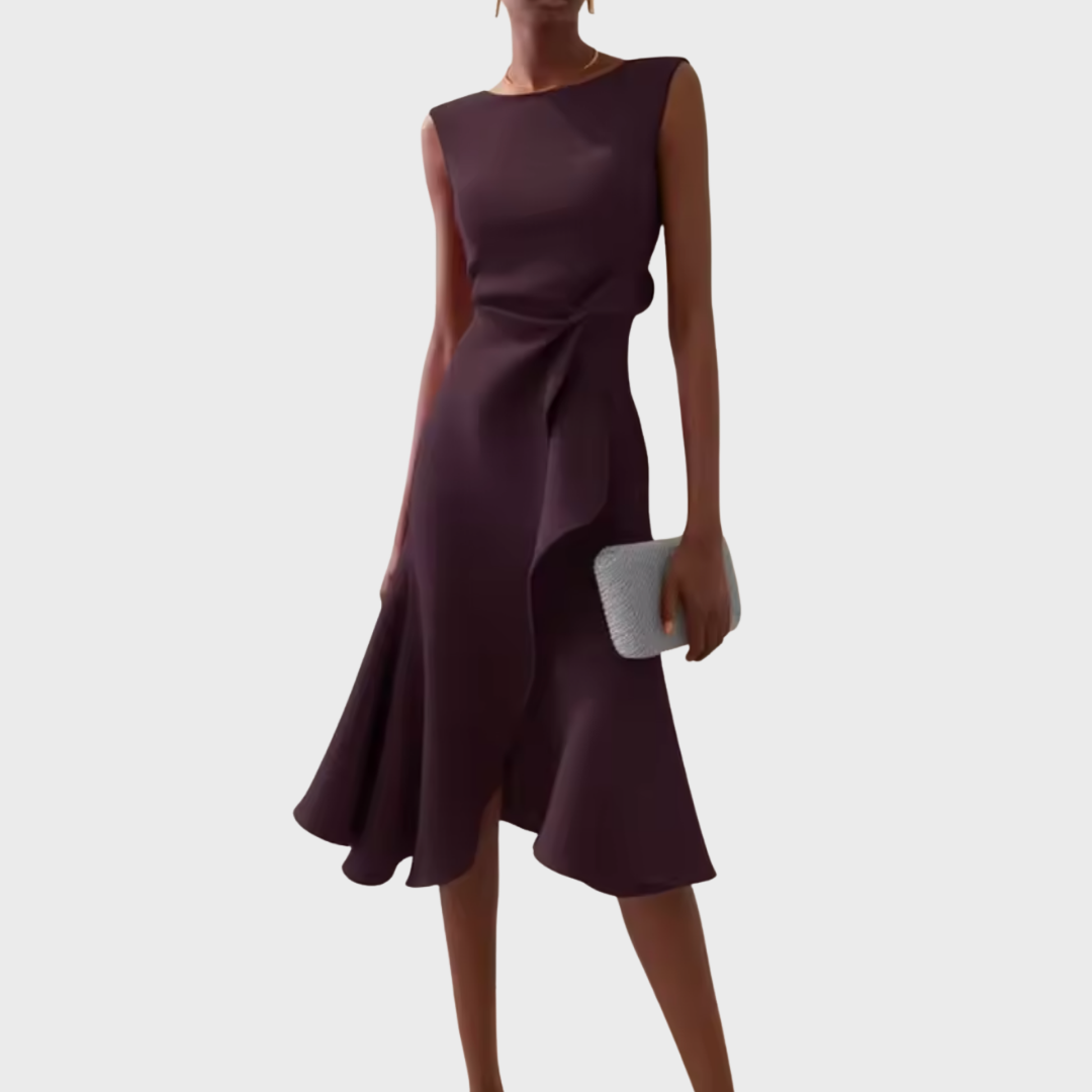 Dark purple sleeveless asymmetric draped midi dress with waist wrap and flared skirt