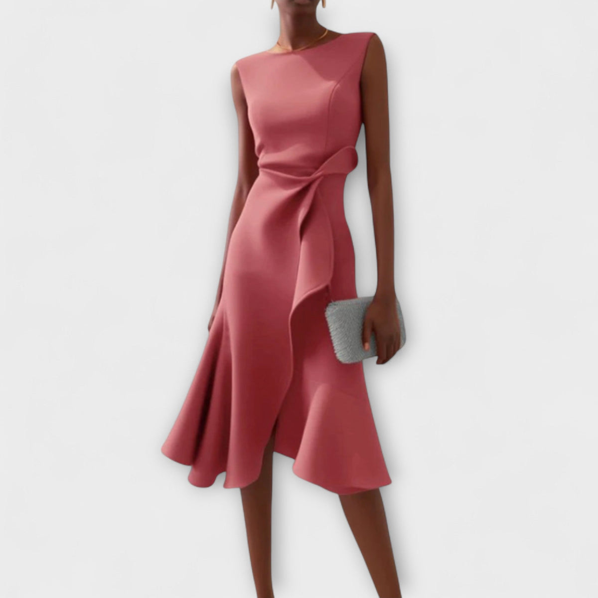 Pink sleeveless midi dress with asymmetric draped side and twisted waist detail