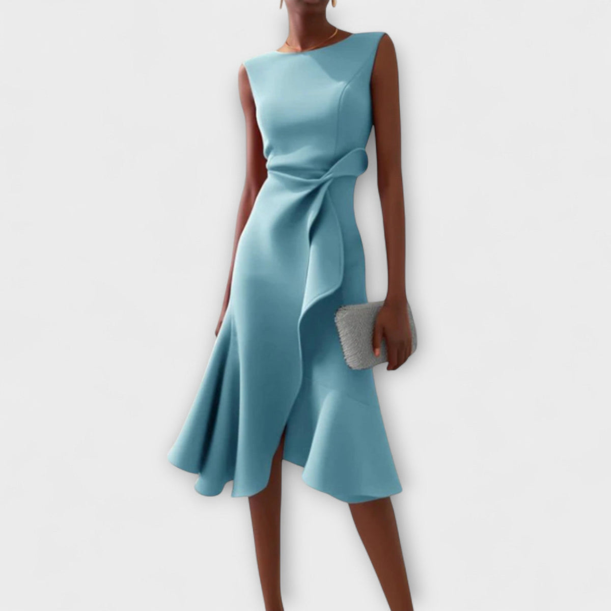 Light blue sleeveless midi dress with asymmetric draped side and twisted waist detail