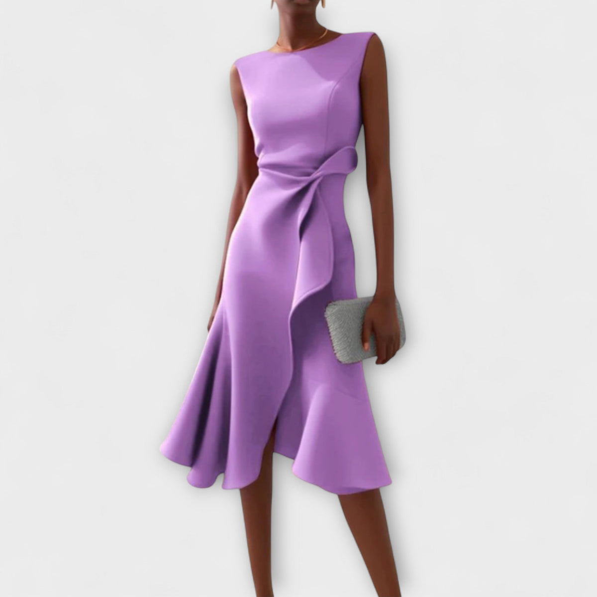 Purple sleeveless midi dress with asymmetric draped side and twisted waist detail