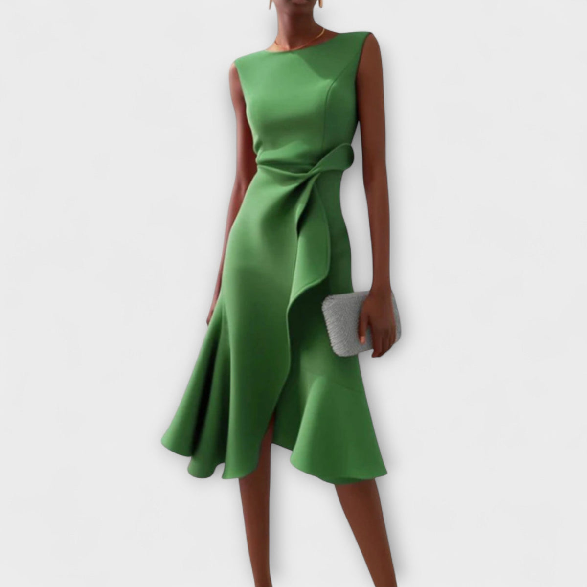 Green sleeveless midi dress with asymmetric draped side and twisted waist detail