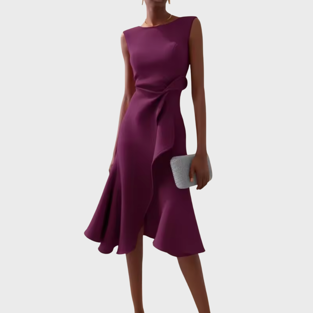 Dark violet sleeveless midi dress with asymmetric draped side and twisted waist detail