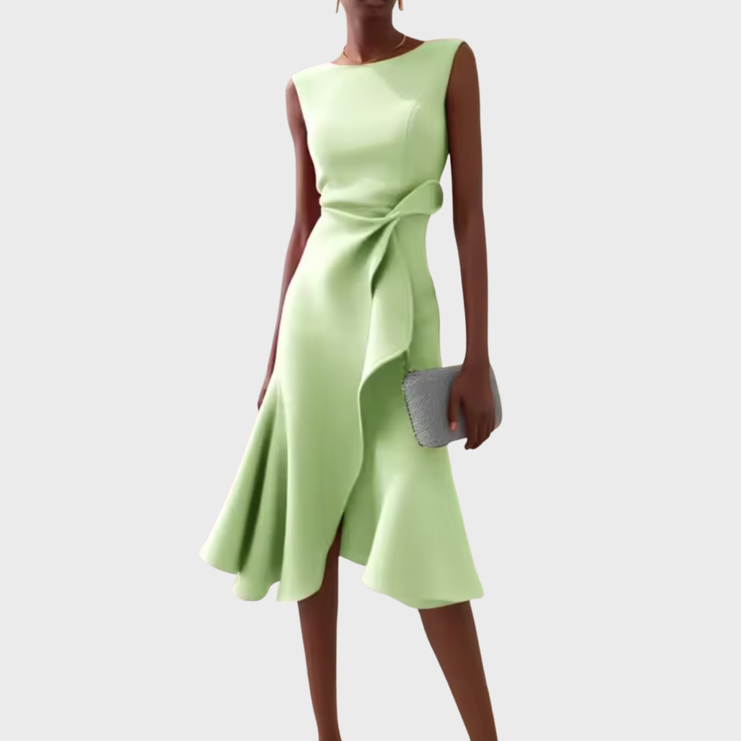 Light green sleeveless midi dress with asymmetric draped side and twisted waist detail