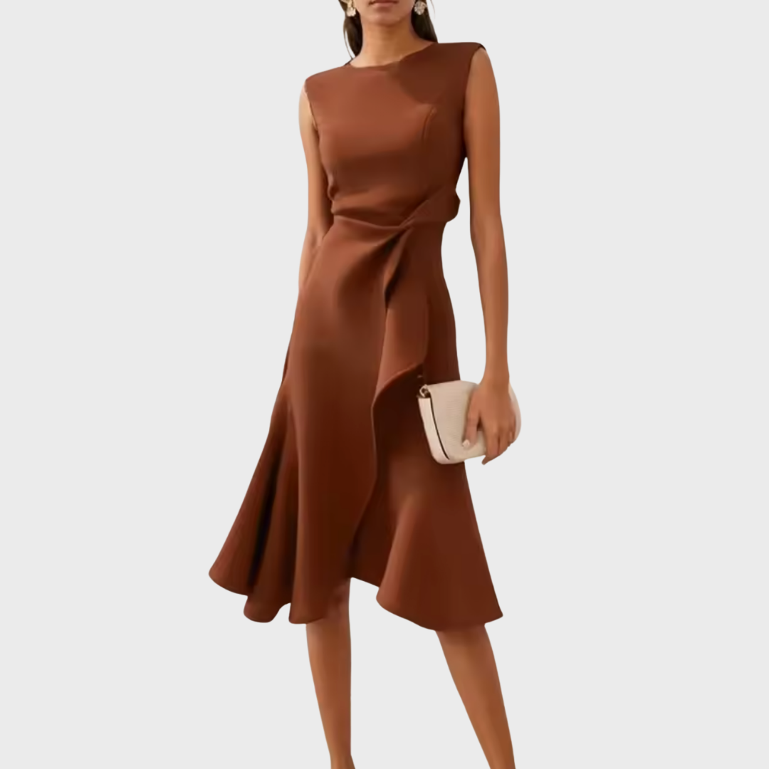 Brown sleeveless midi dress with asymmetric draped side and twisted waist detail