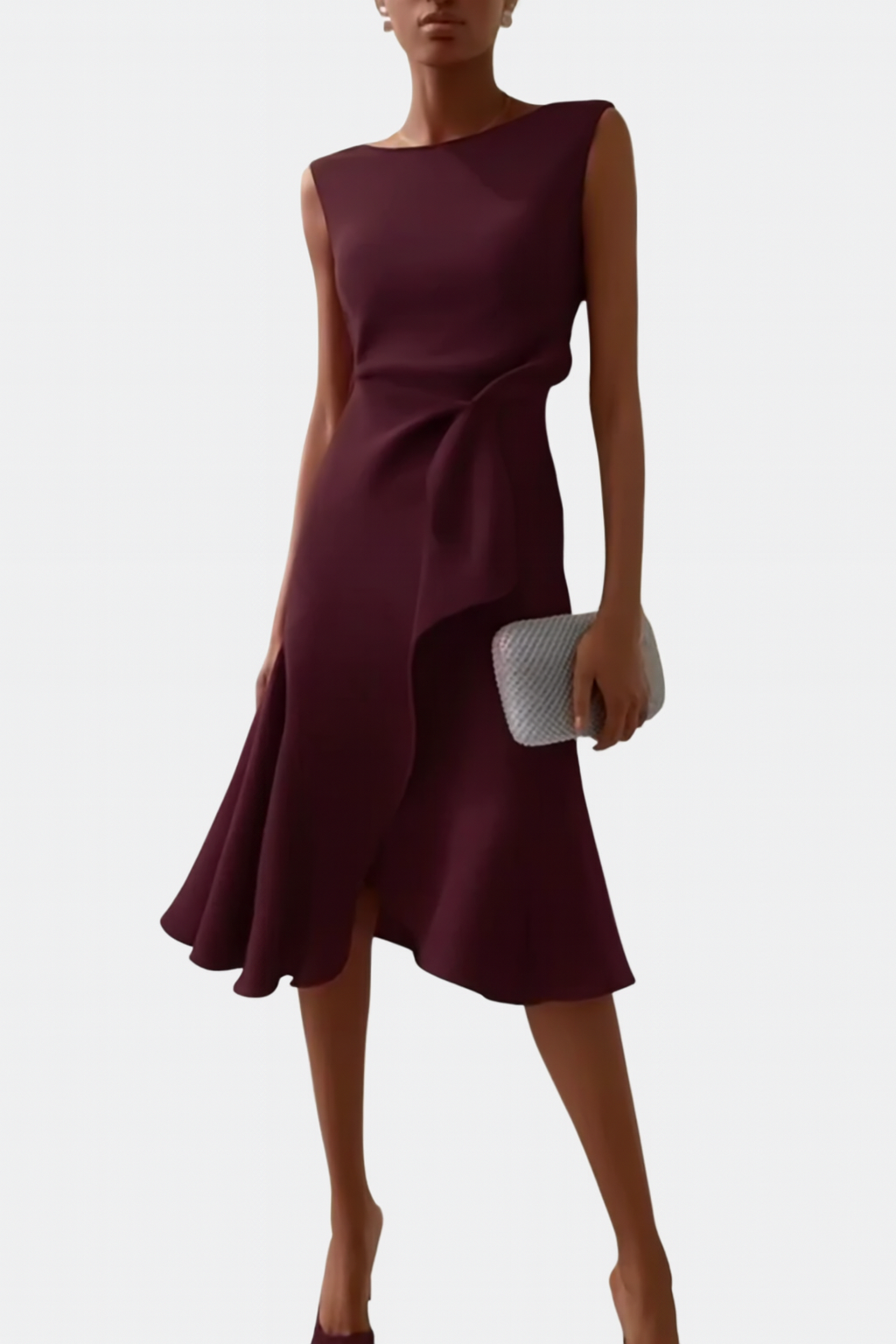 Wine red sleeveless midi dress with asymmetric draped side and twisted waist detail