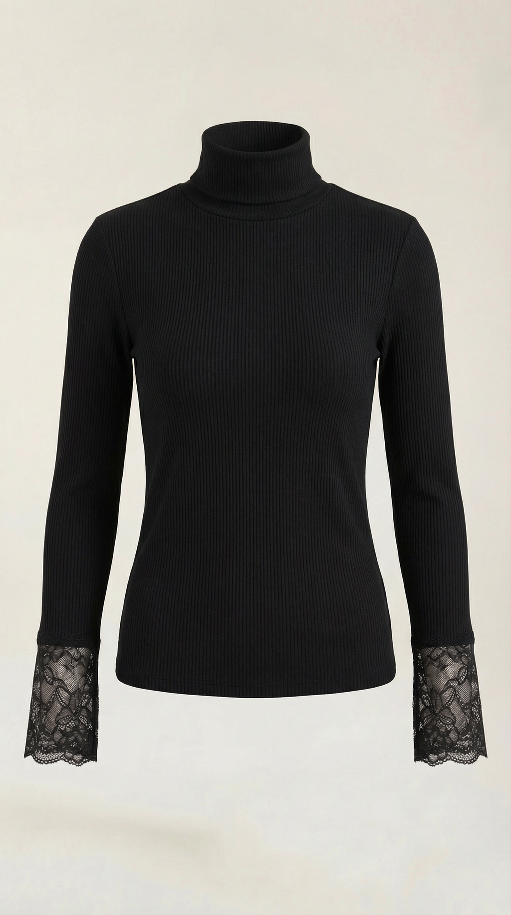 Black ribbed turtleneck sweater with lace cuffs, long sleeves