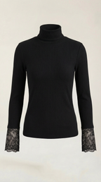 Black ribbed turtleneck sweater with lace cuffs, long sleeves