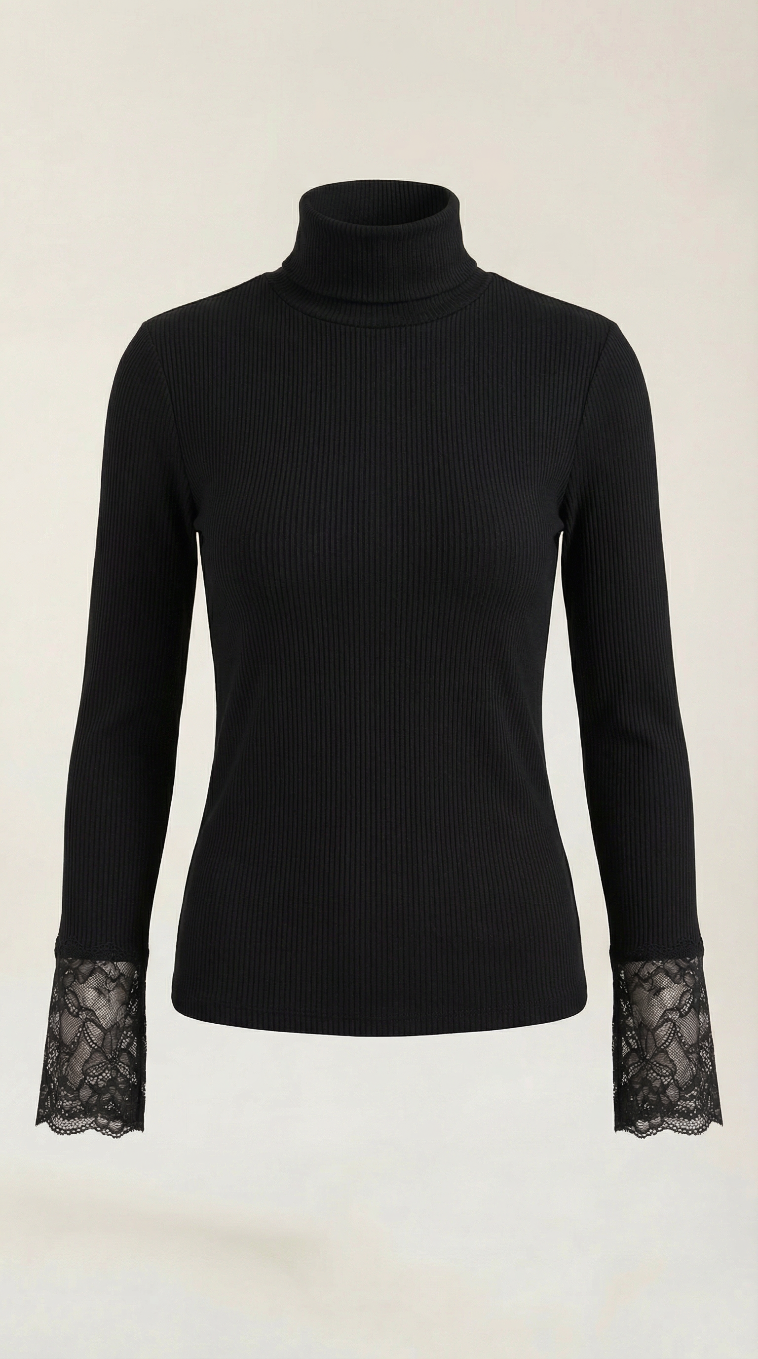 Black ribbed turtleneck sweater with lace cuffs, long sleeves