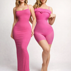 Pink bodycon dress with built-in shorts, square neckline, thin spaghetti straps.