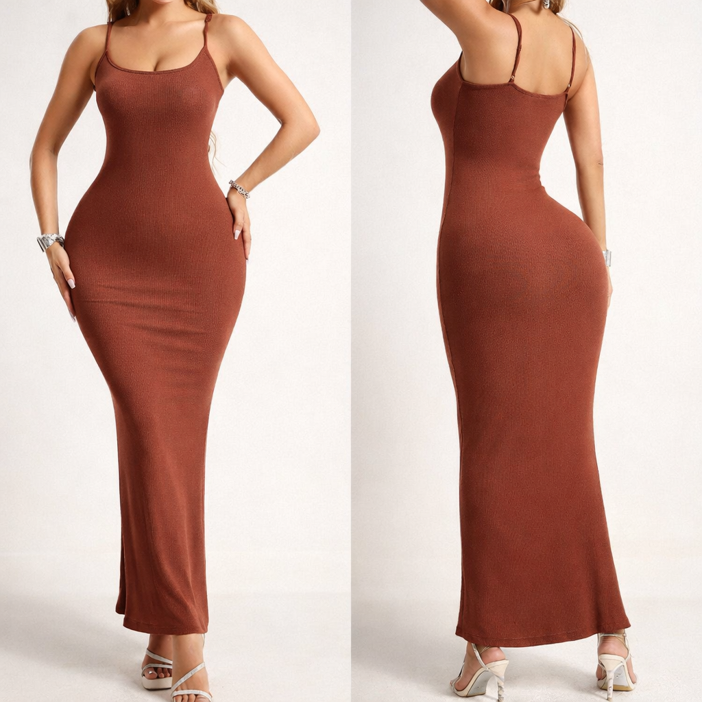 Brown bodycon maxi dress with thin straps, straight neckline, ruched stretch fabric.