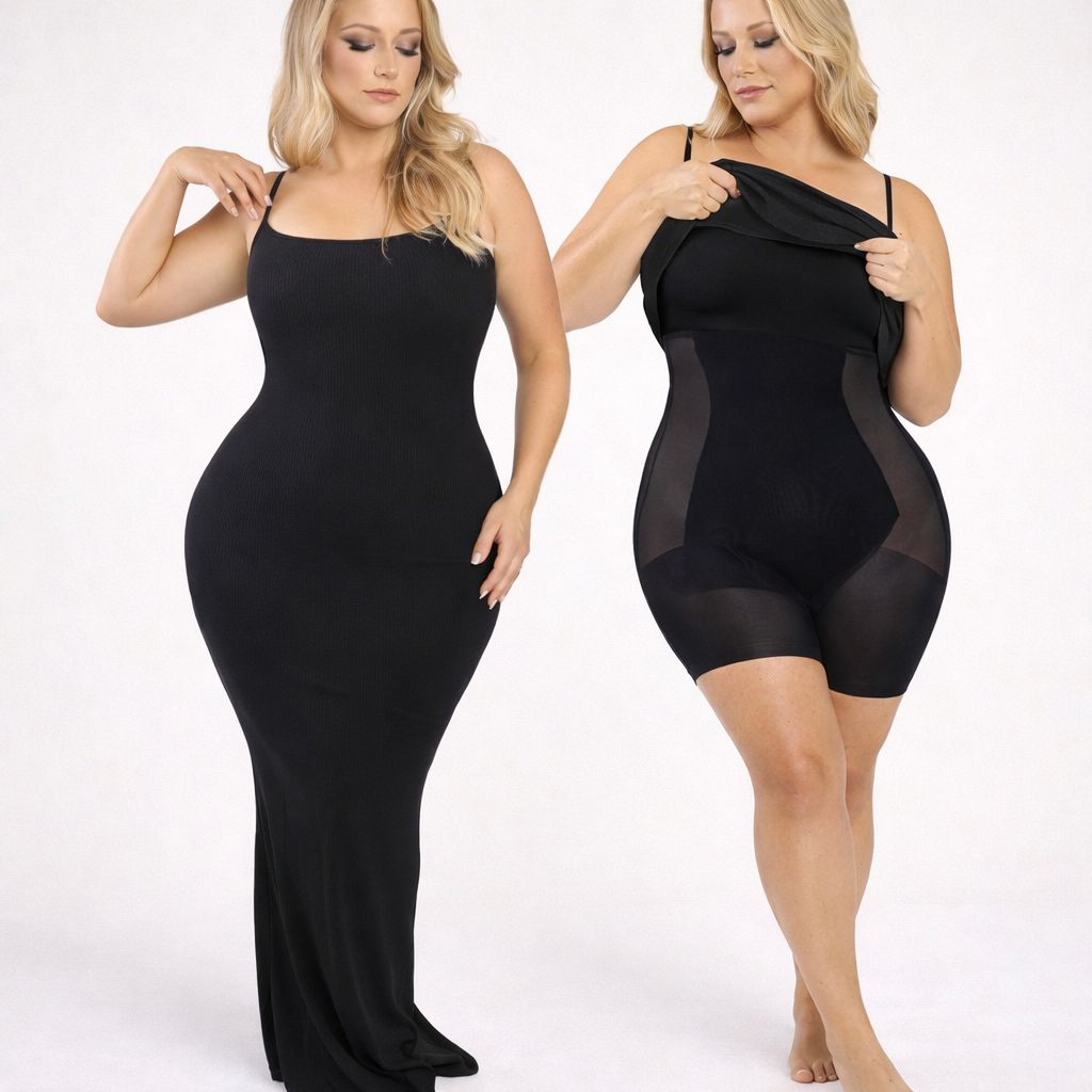Black bodycon maxi dress with built-in shorts, spaghetti straps, sheer overlay panel.