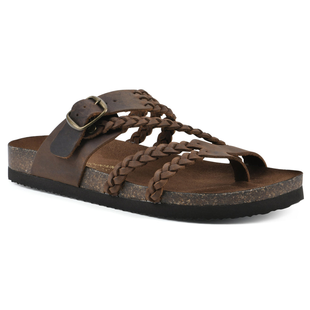 Brown braided leather sandals with adjustable buckle strap and open toe flat sole