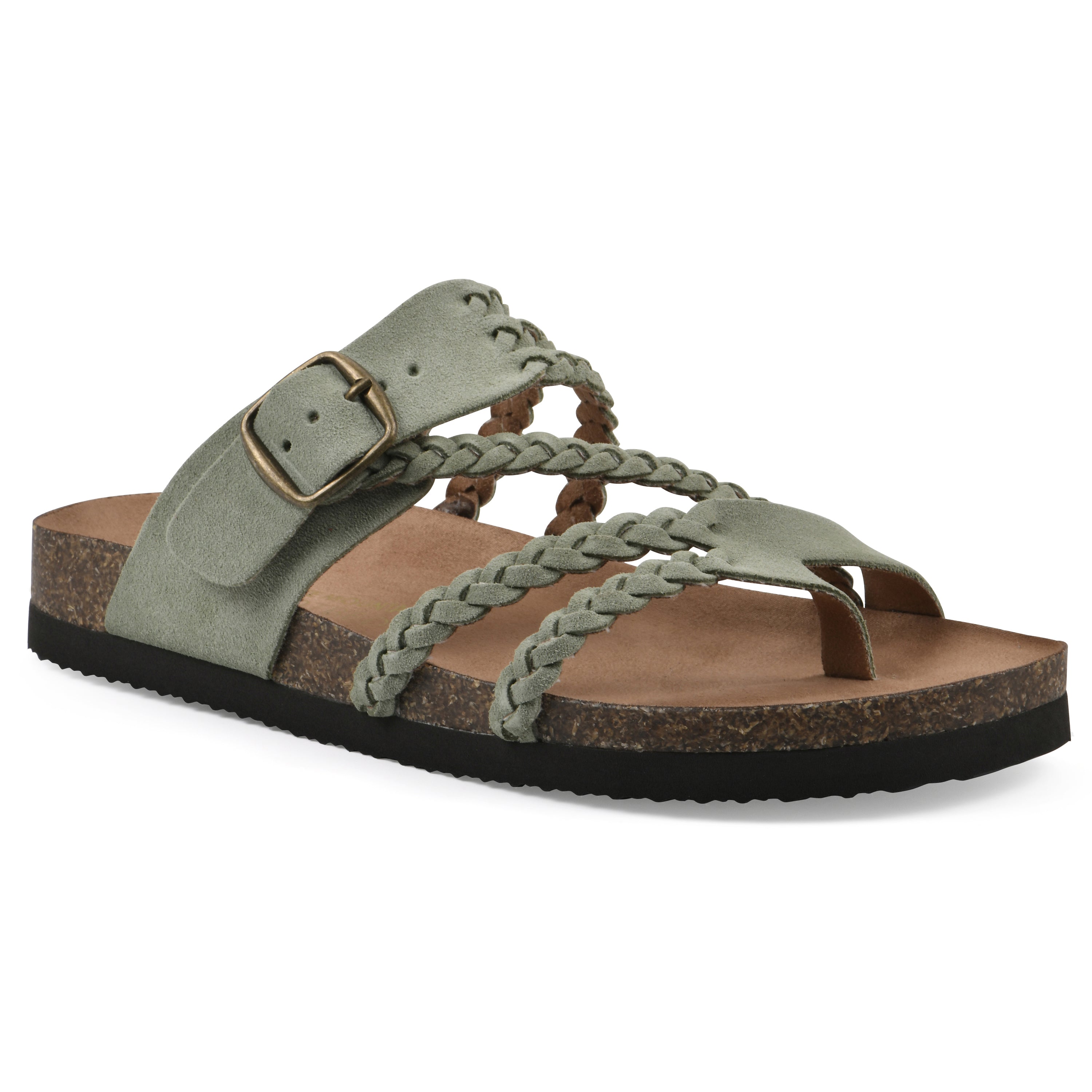 Sage green braided sandals with adjustable buckle strap and open toe flat sole