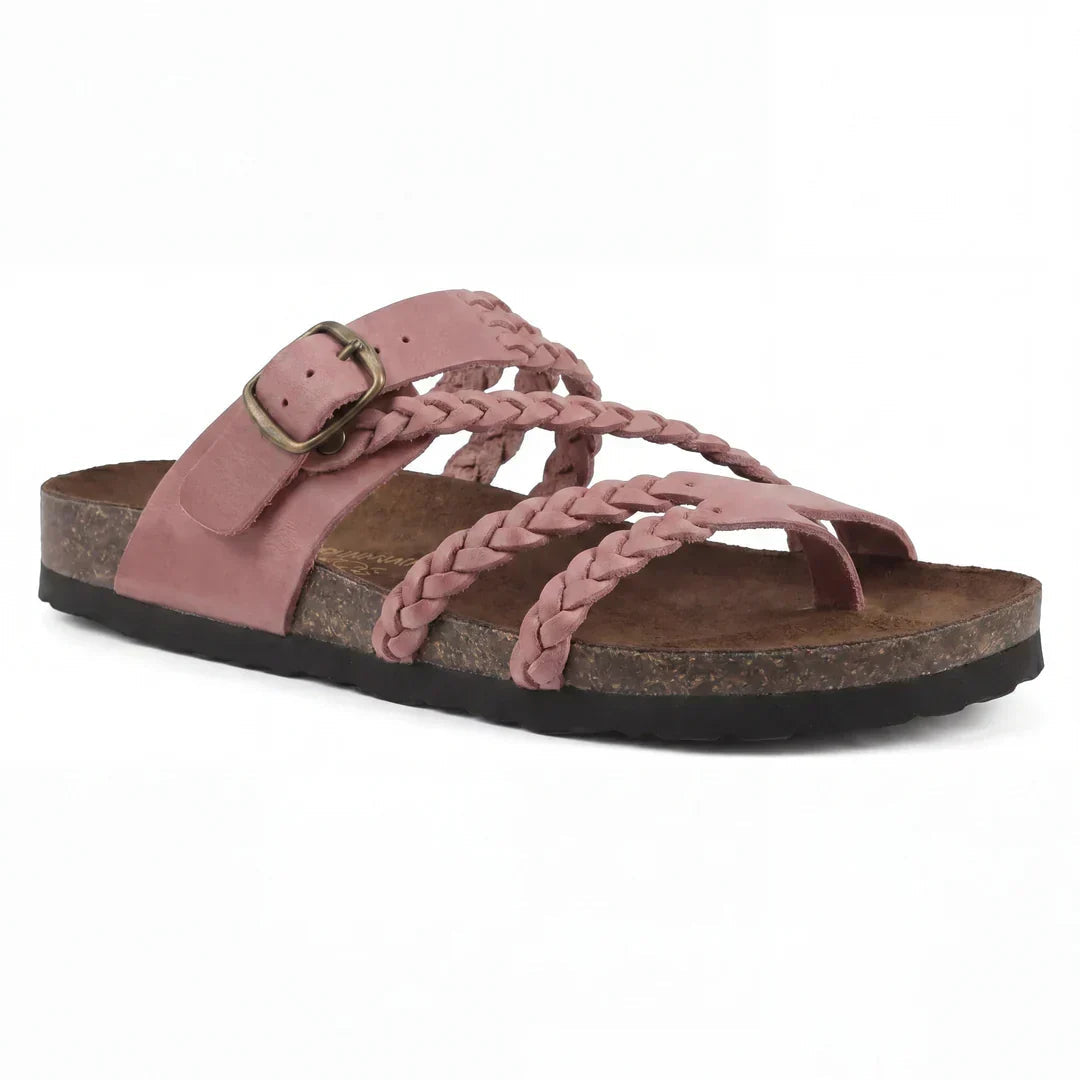 Dusty pink braided leather sandals with adjustable buckle strap and open toe flat sole