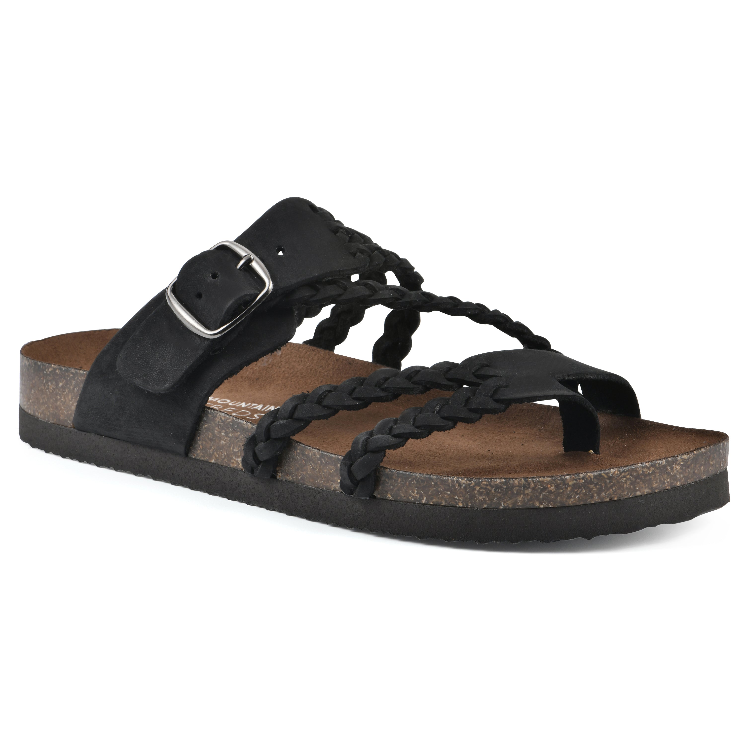 Black braided leather sandals with adjustable buckle strap and open toe flat comfort sole