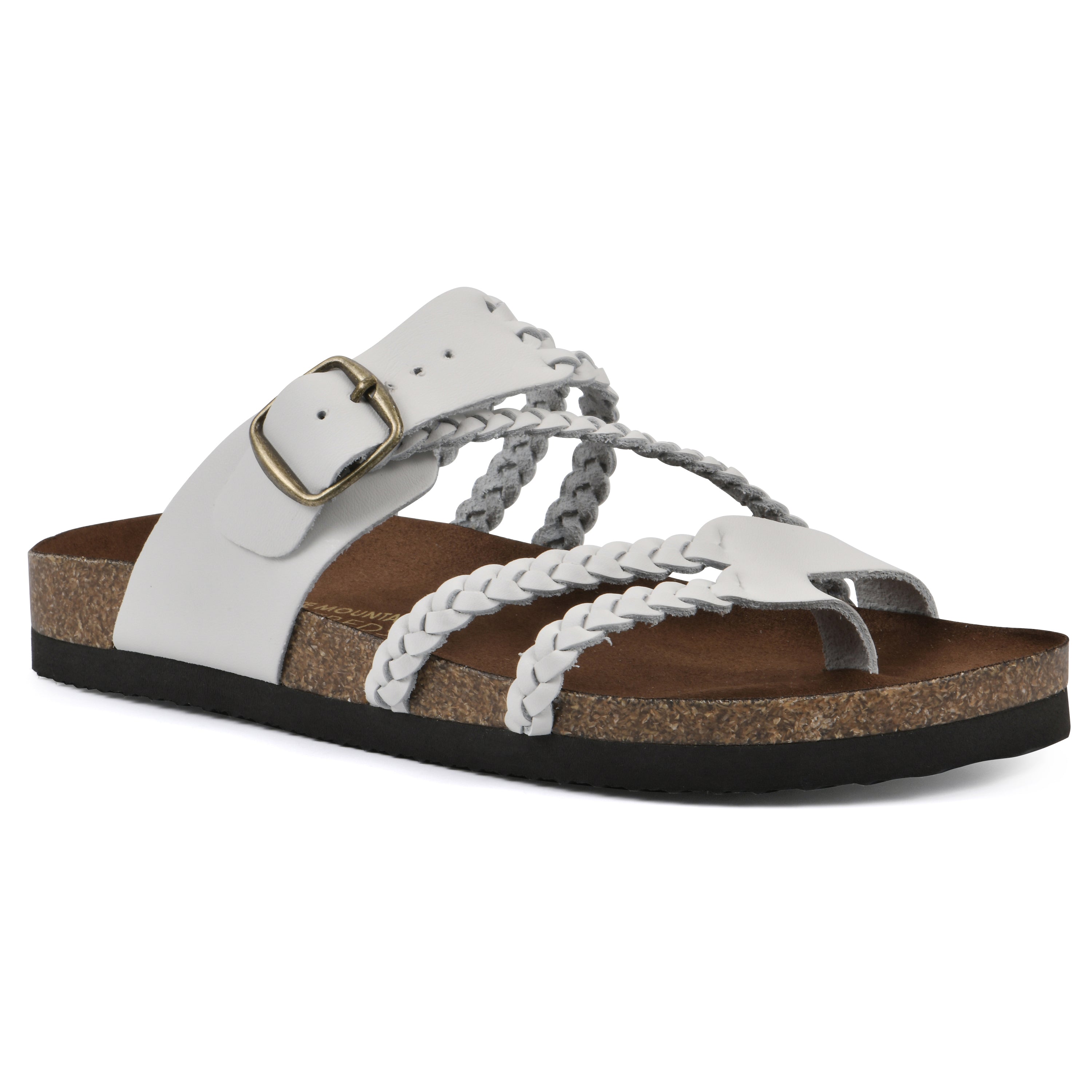 White braided leather sandals with adjustable buckle strap and open toe flat sole