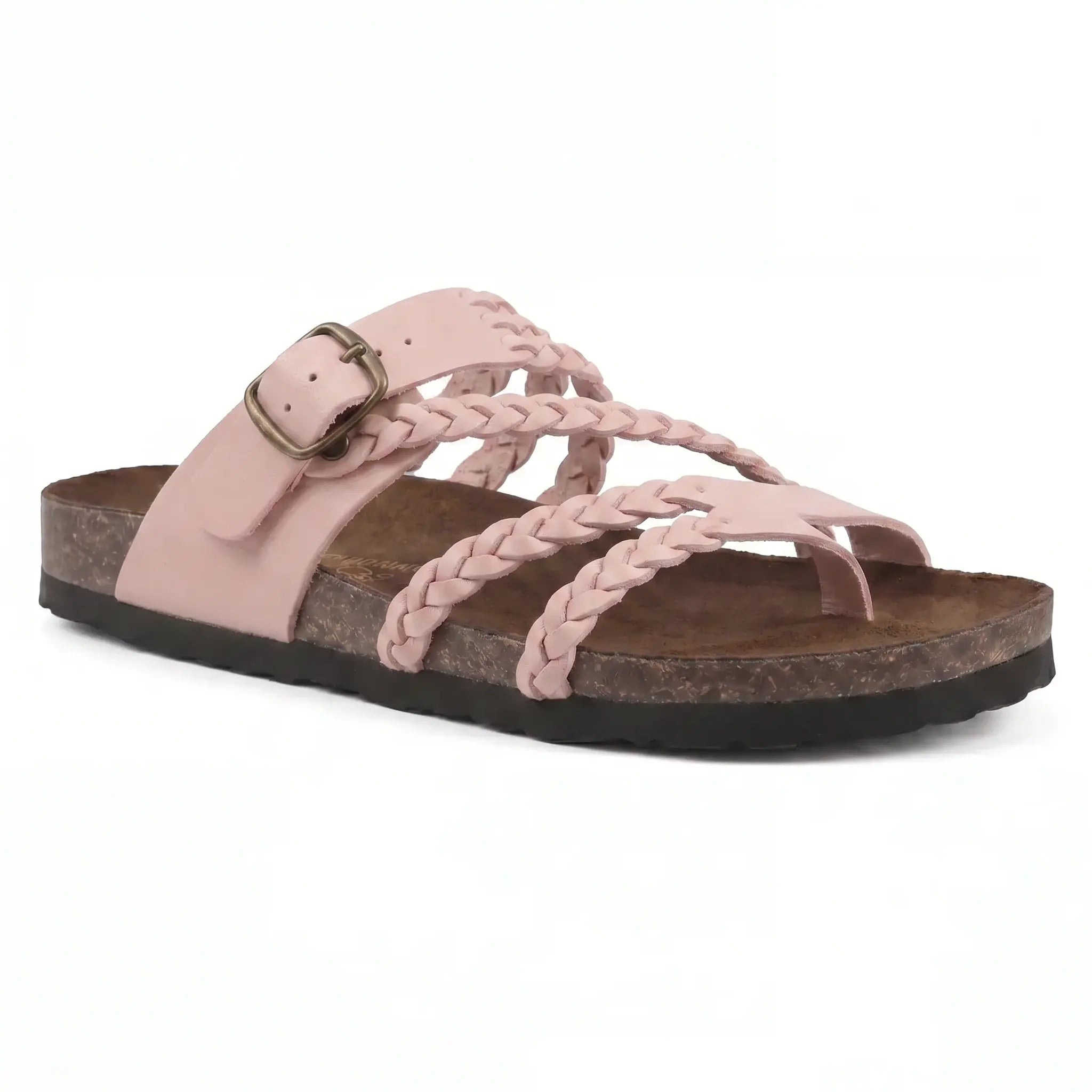 Dusty pink braided leather sandals with adjustable buckle strap and open toe flat sole