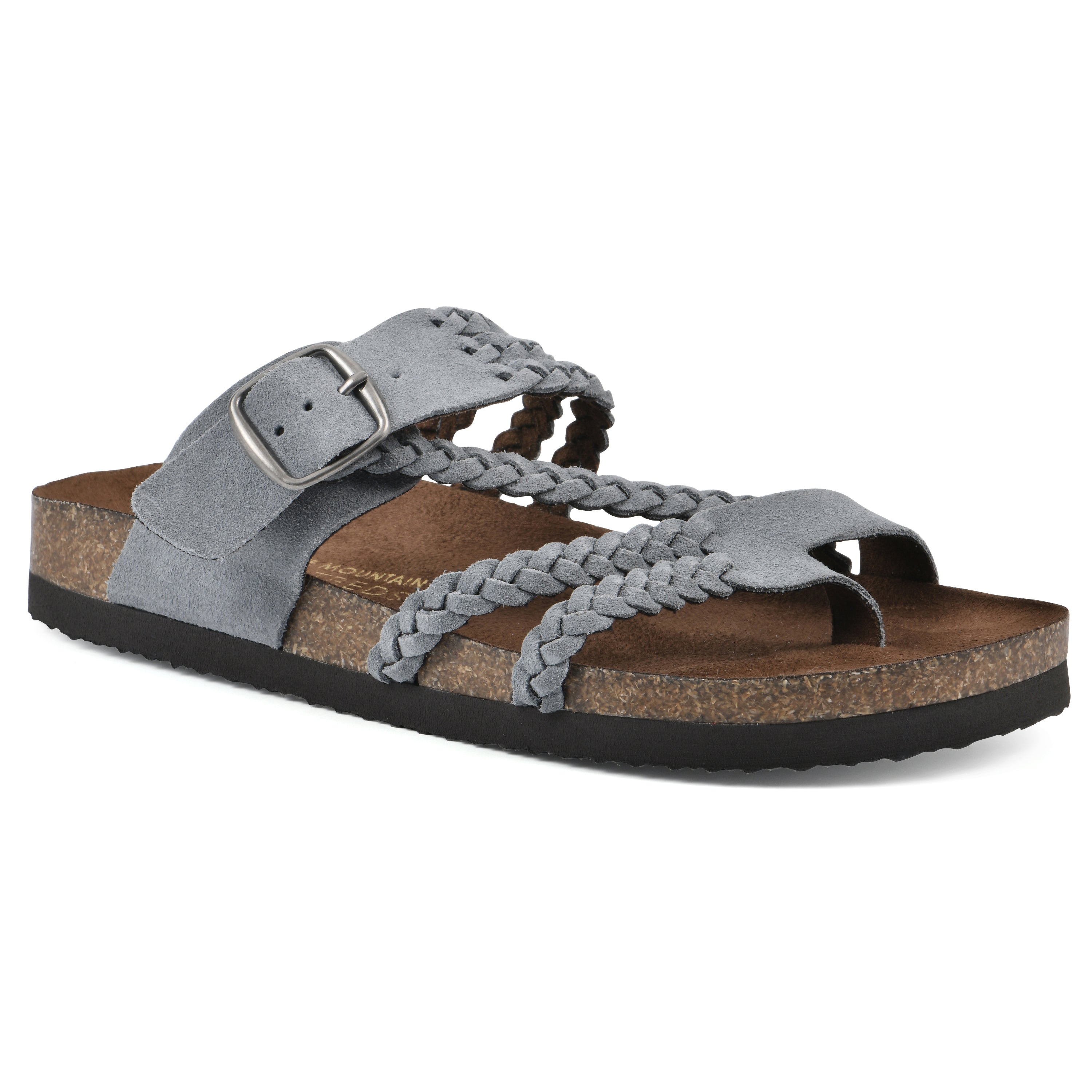 Gray braided leather sandals with adjustable buckle strap and open toe flat comfort sole