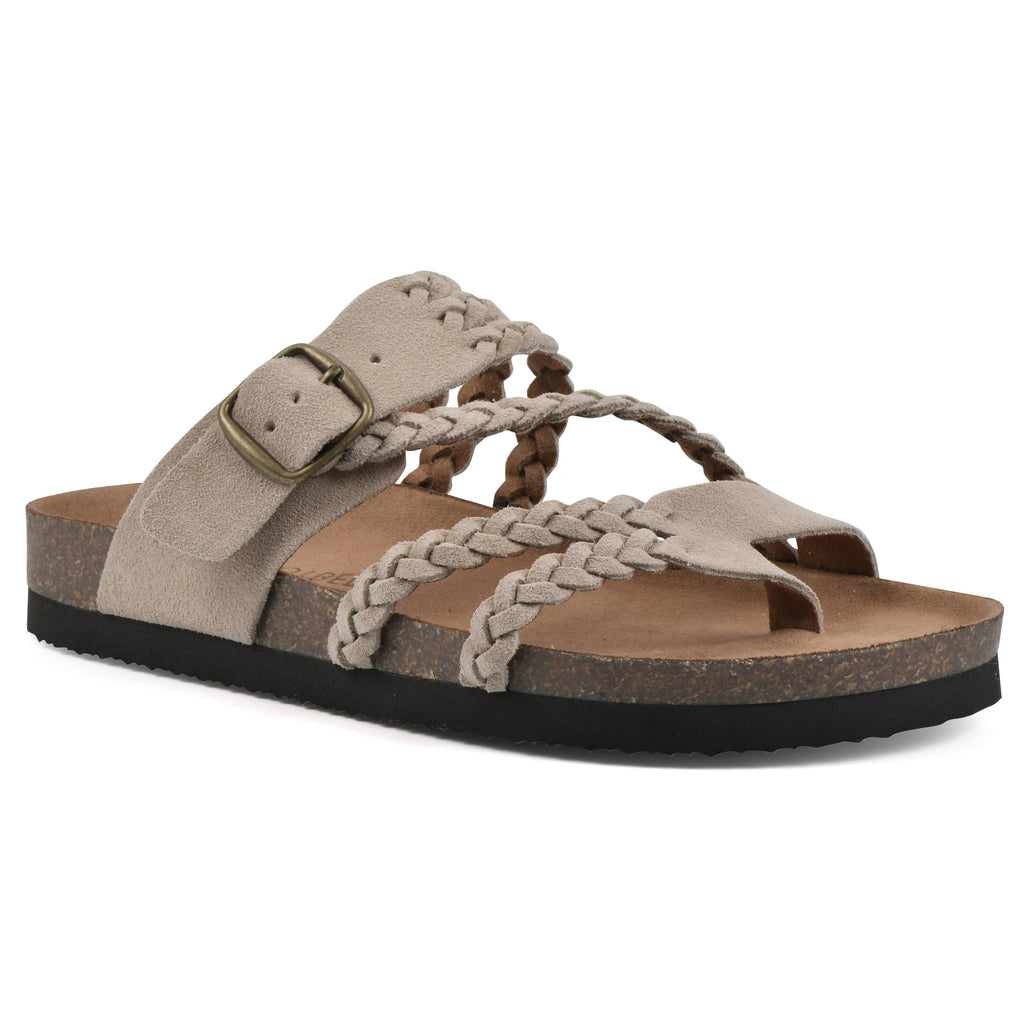 Taupe braided leather sandals with adjustable buckle strap and open toe flat sole