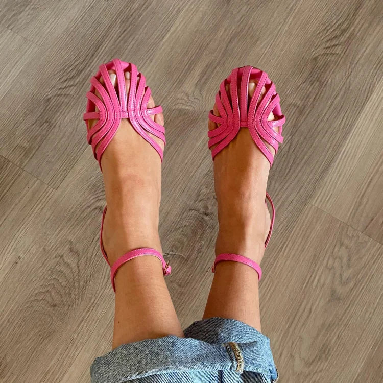 Bright pink braided platform slide sandals with crisscross toe straps and slim ankle strap