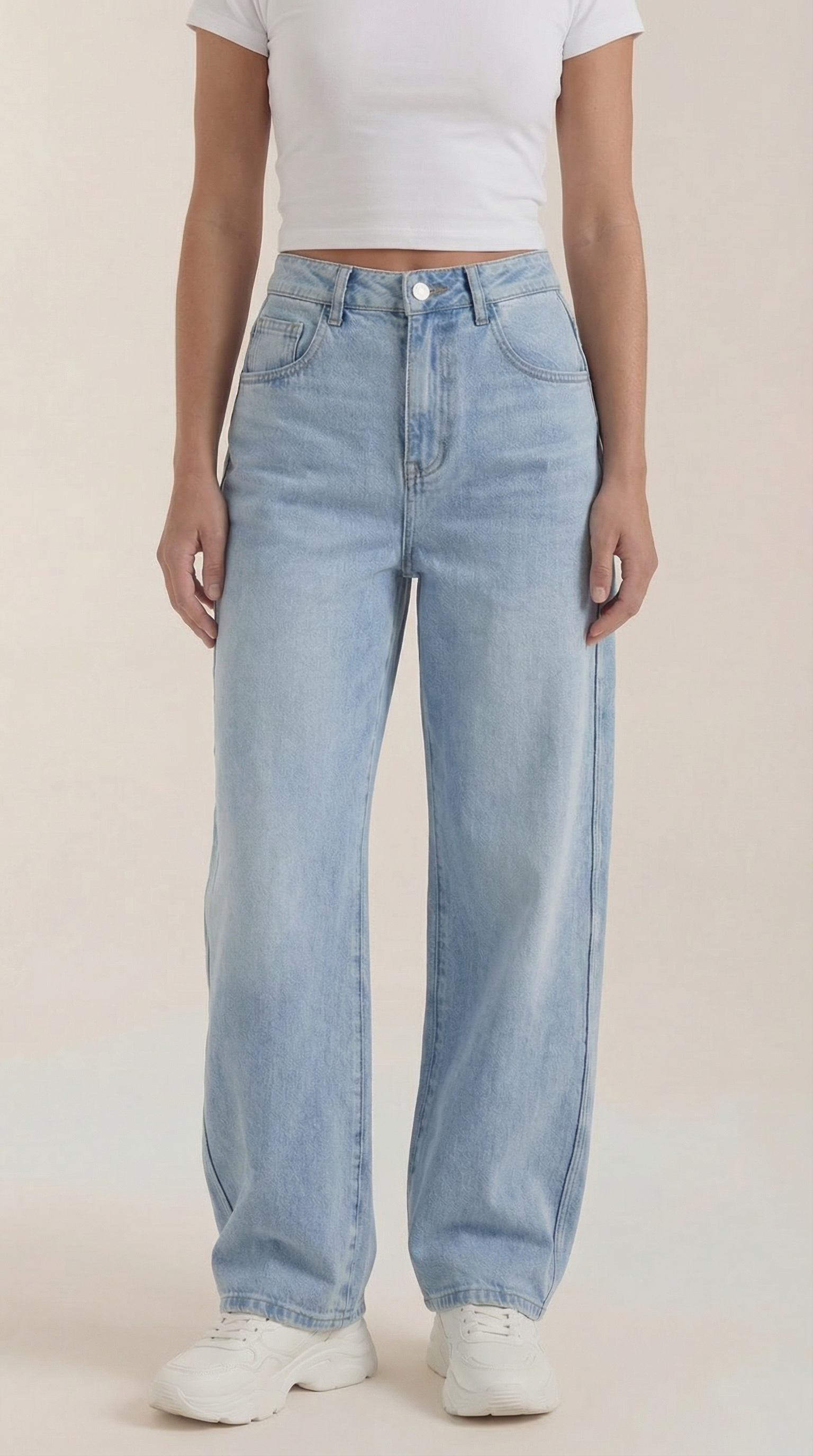 Light blue denim wide-leg jeans with belt loops and button closure