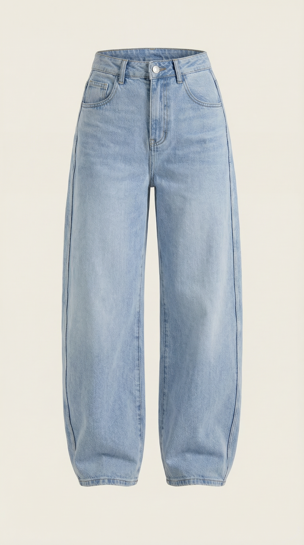 Light blue denim wide-leg jeans with button fly and five-pocket styling