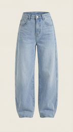Light blue denim wide-leg jeans with button fly and five-pocket styling