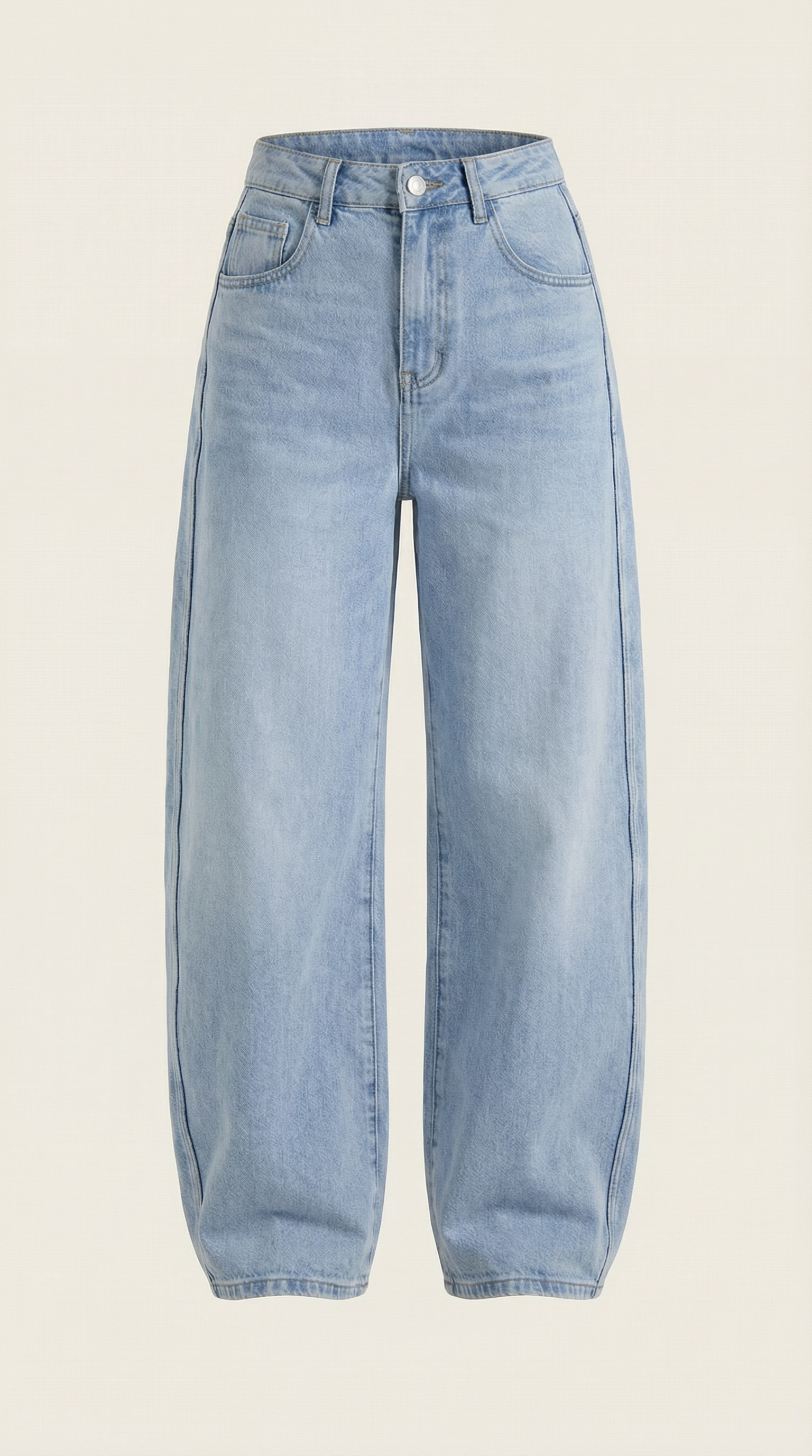 Light blue denim wide-leg jeans with button fly and five-pocket styling
