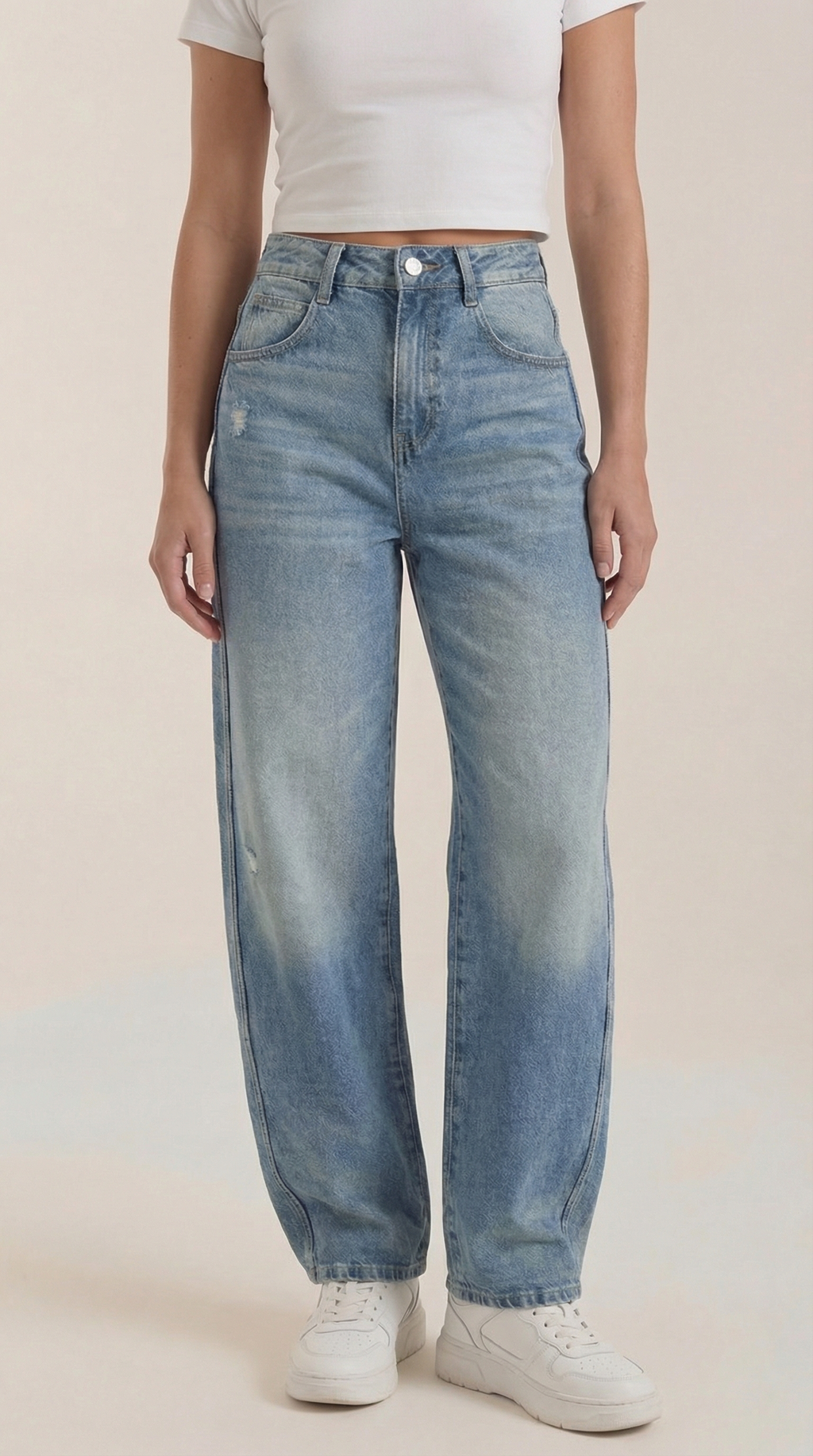Light blue wide-leg jeans with button closure and side seam pockets