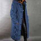 Dark blue hooded chunky cable knit cardigan with button front and side pockets