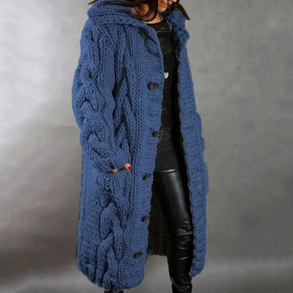 Dark blue hooded chunky cable knit cardigan with button front and side pockets