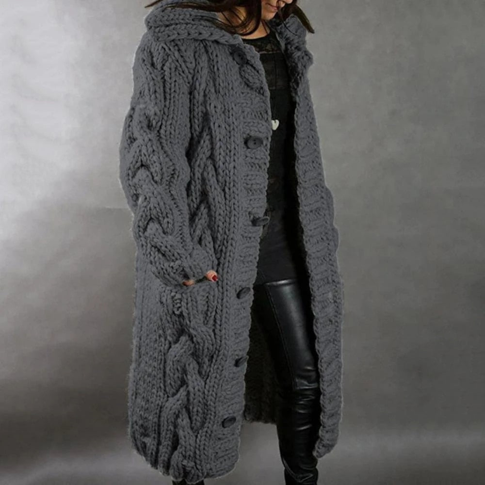 Dark grey hooded chunky cable knit cardigan with button front and side pockets