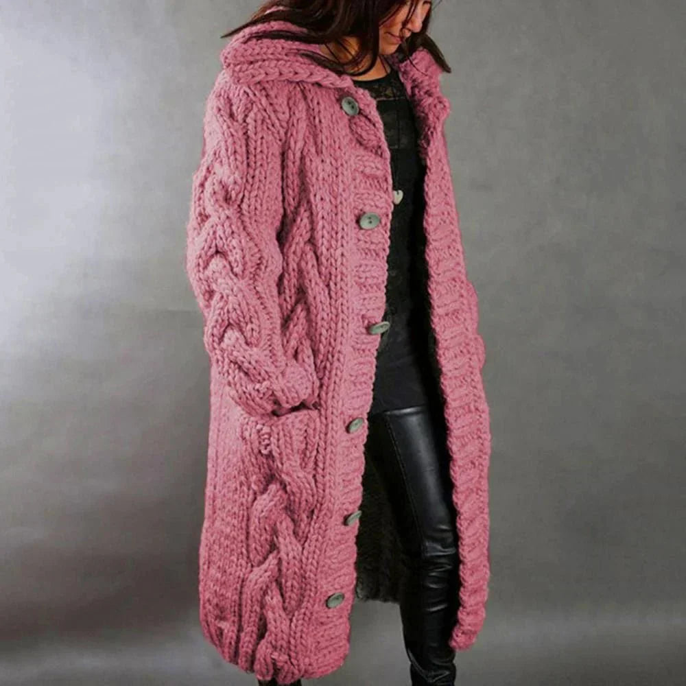 Pink hooded chunky cable knit cardigan with button front and side pockets