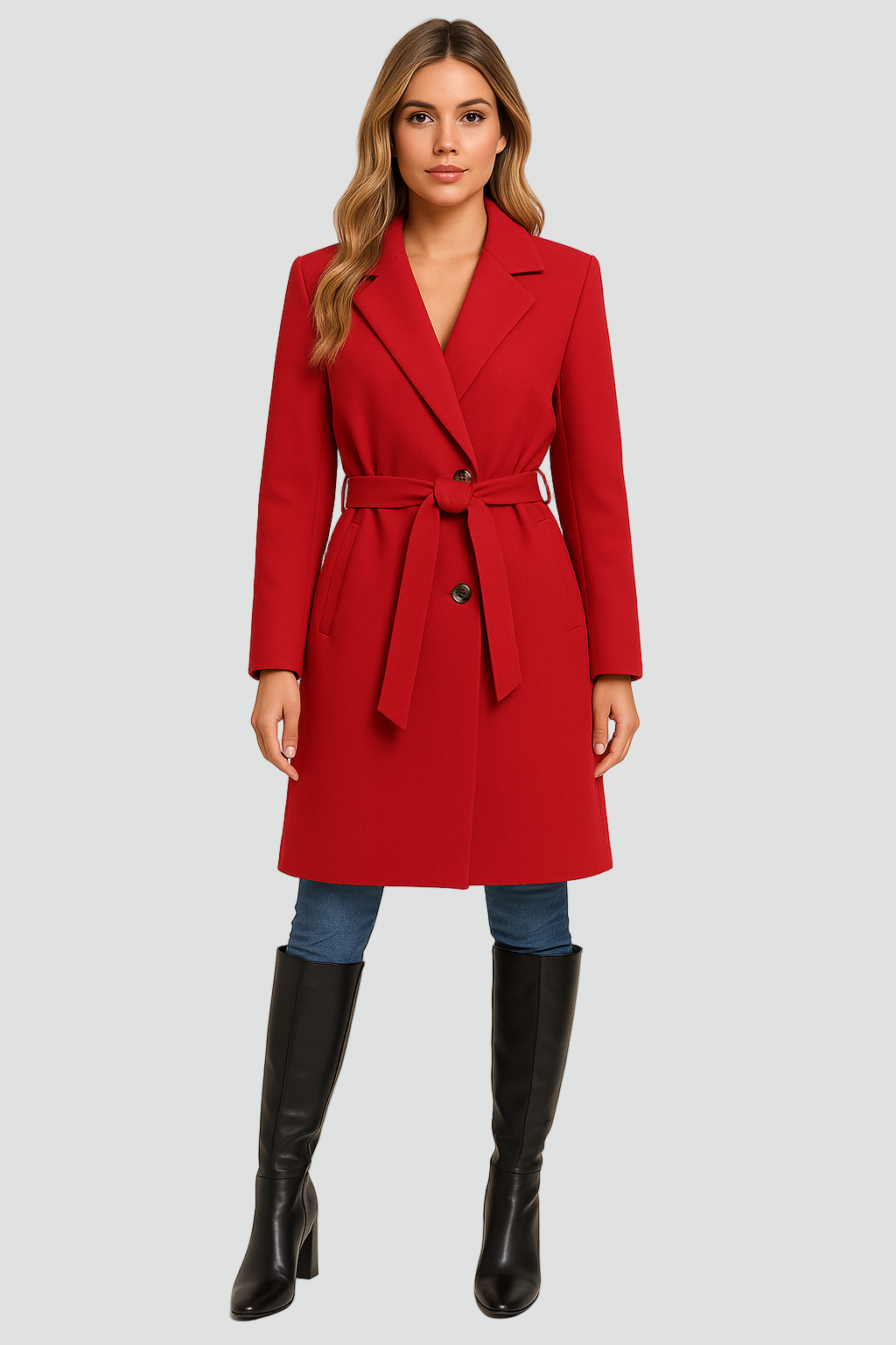 Red double-breasted A-line coat with lapels and tied waist belt, long sleeves
