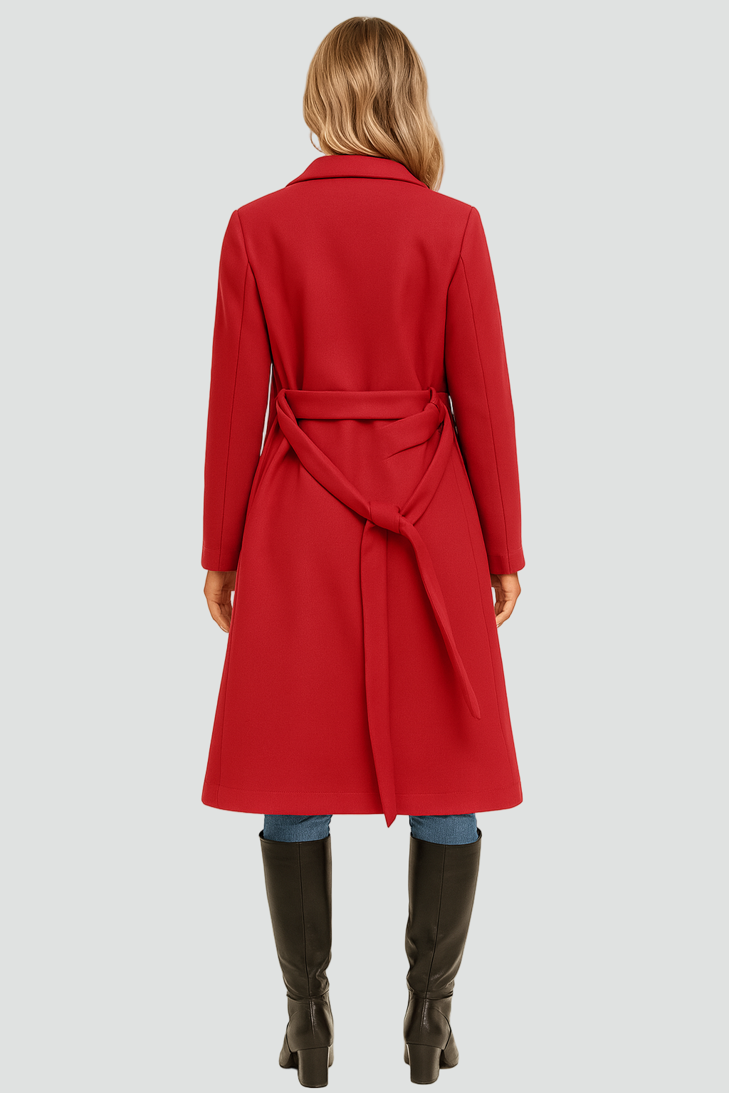 Red double-breasted A-line coat, back view, lapels and tied waist belt, long sleeves