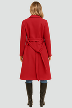 Red double-breasted A-line coat, back view, lapels and tied waist belt, long sleeves