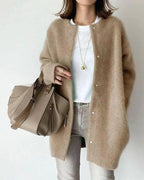 Women’s lightweight wool-blend cardigan, open front knit, long sleeves, tan button detail