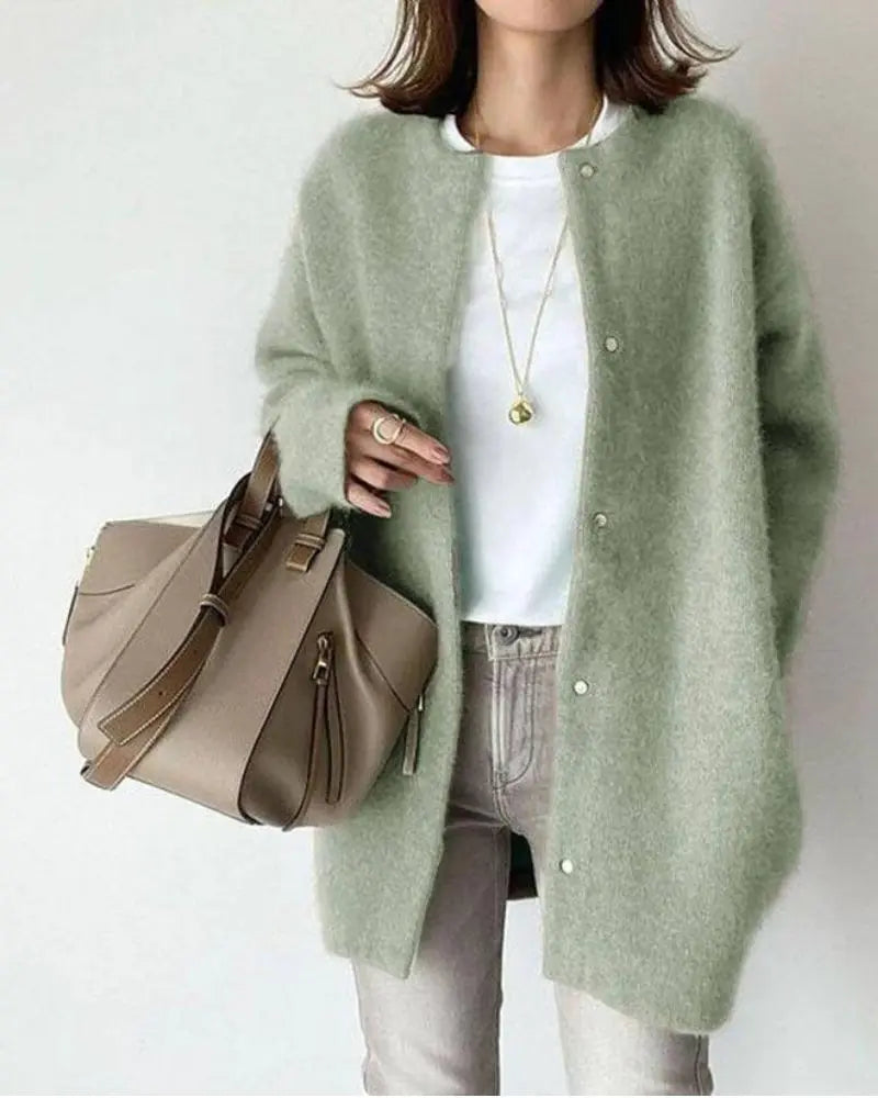 Women’s lightweight wool-blend cardigan, open front knit, long sleeves, mint green button detail