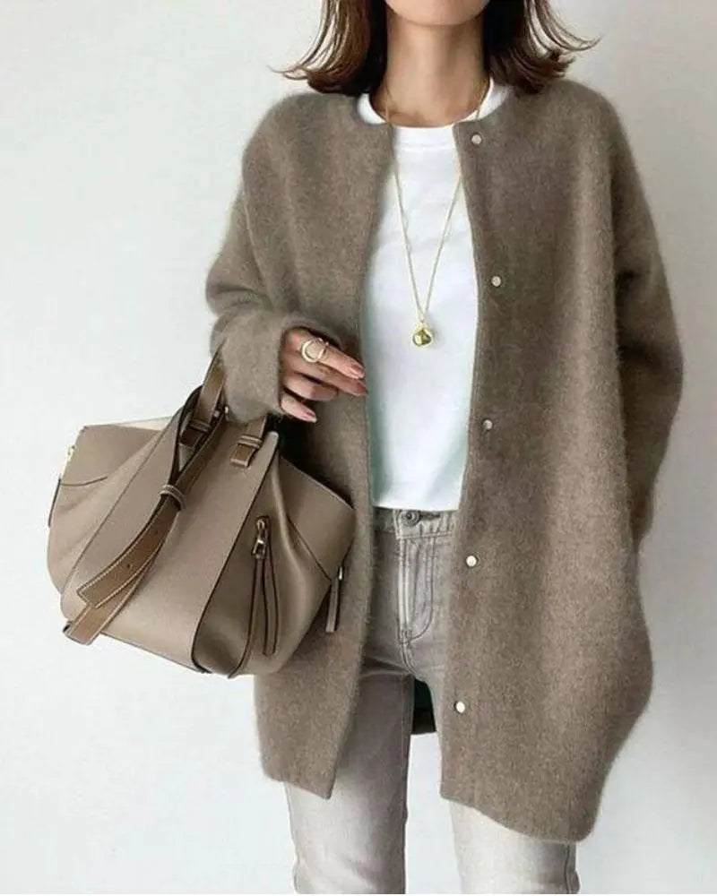 Women’s lightweight wool-blend cardigan, open front knit, long sleeves, mocha-brown button detail