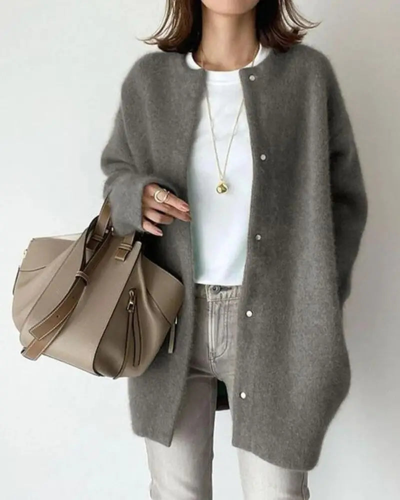 Women’s lightweight wool-blend cardigan, open front knit, long sleeves, heather grey button detail