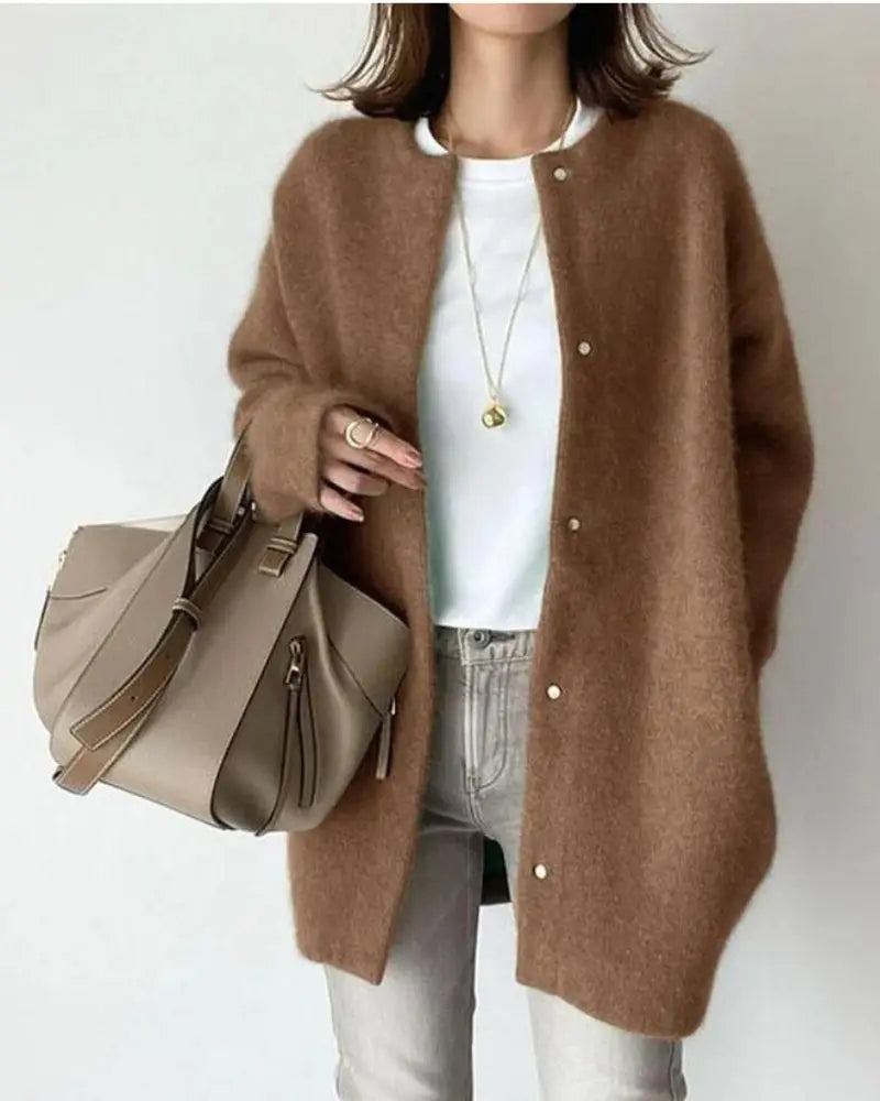 Women’s lightweight wool-blend cardigan, open front knit, long sleeves, warm brown button detail