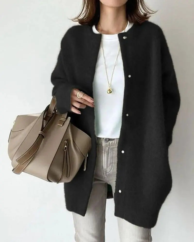 Women’s lightweight wool-blend cardigan, open front knit, long sleeves, black button detail
