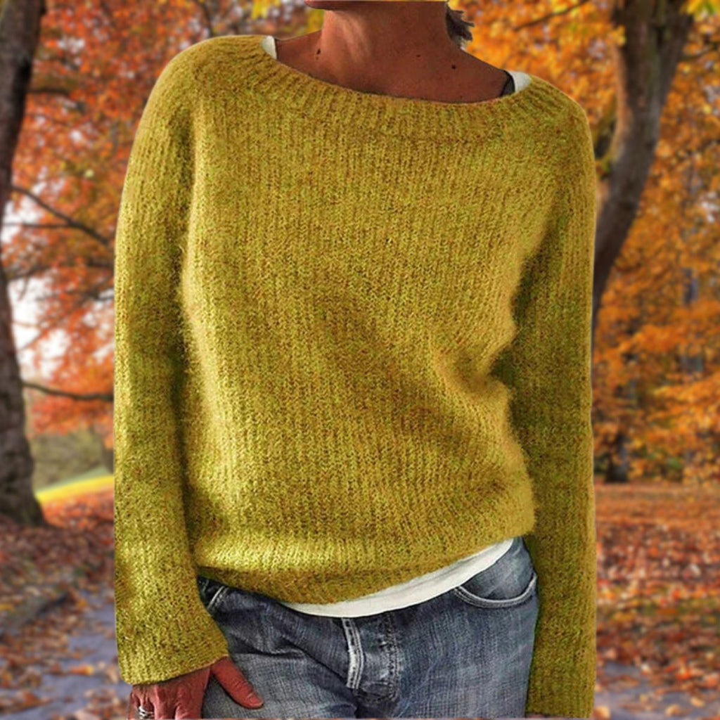 Yellow women’s merino wool crewneck knit sweater, relaxed fit, long sleeves